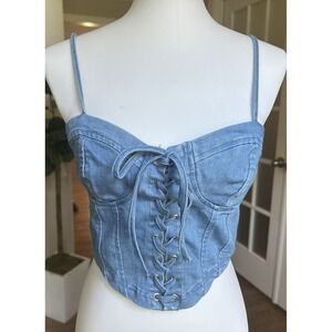 Iris Denim Tank Top Shirt Sleeveless Lace Up Stretch Size Large